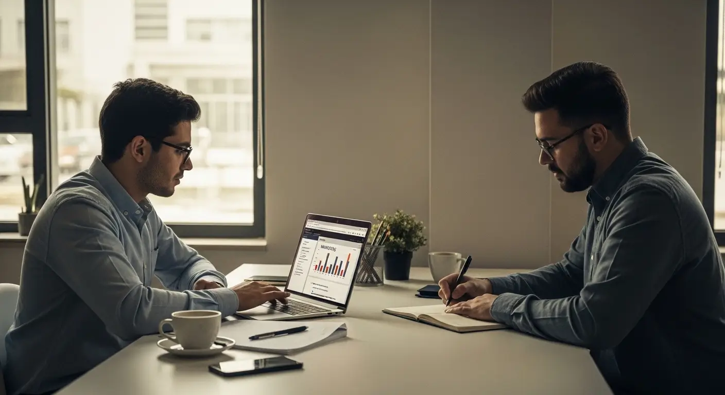 Two digital marketing consultants discussing SEO and online growth strategy in a modern coworking space in Doha, Qatar.