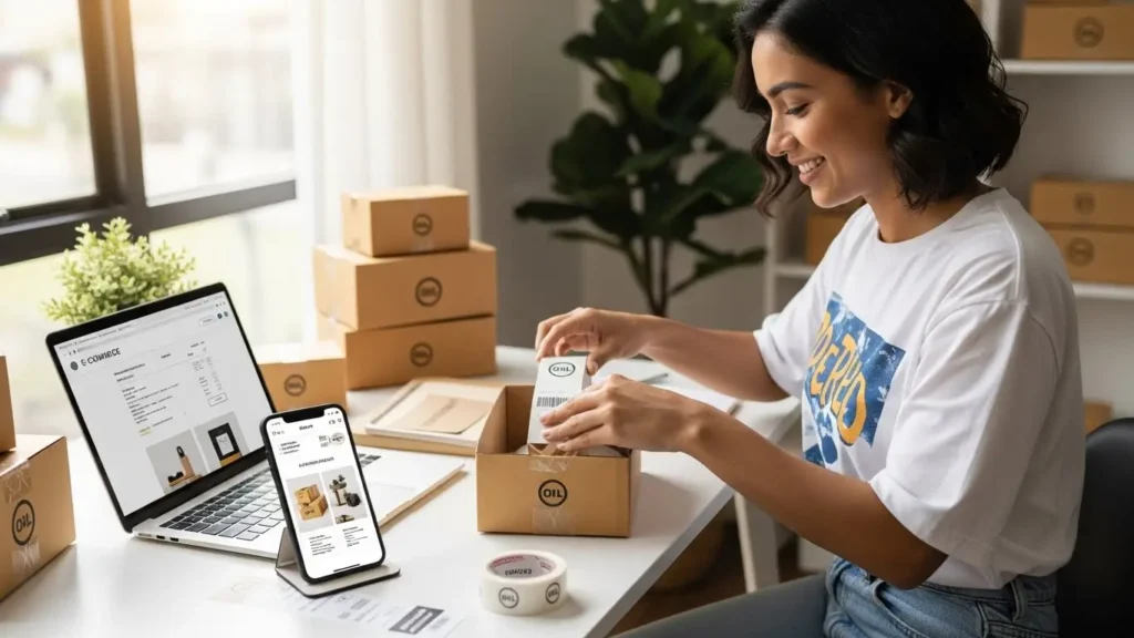 industries-ecommerce-retail Shop owner packing an online order at a workstation.