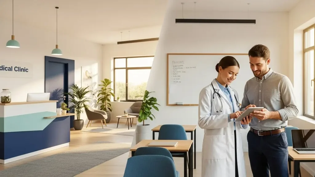industries-healthcare-education Doctor and teacher reviewing a tablet in a clinic and classroom setting.