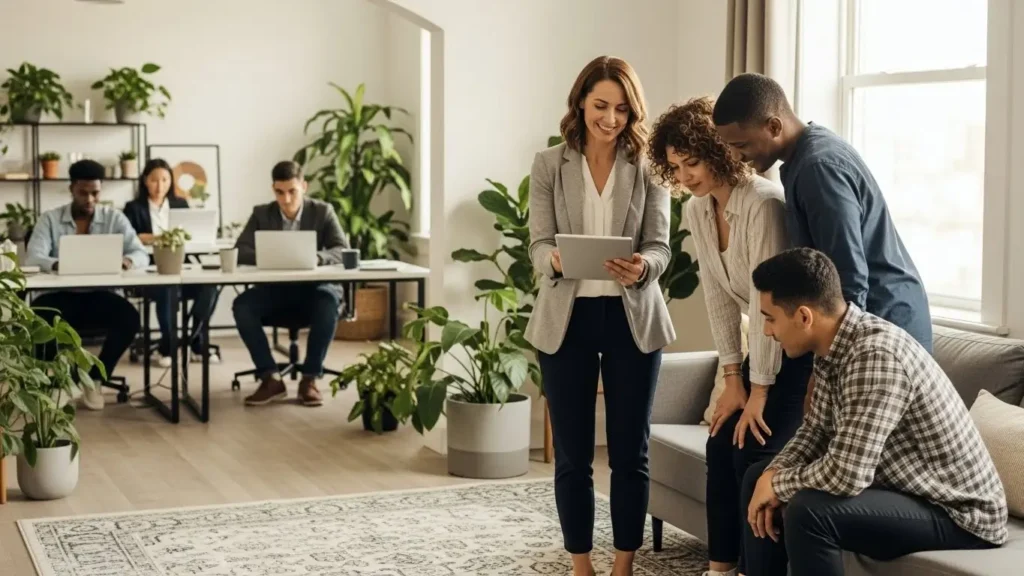 industries-realestate-startup Agent showing property details on a tablet to a couple in a bright living room.