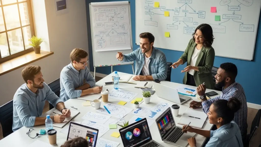 industries-team-strategy Marketing team collaborating around a table with sketches and laptops.” Caption: (optional, can be left blank or something like “Creative marketing session for real estate and startup clients